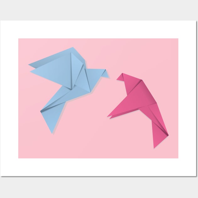 Blue and pink origami pigeons Wall Art by AnnArtshock